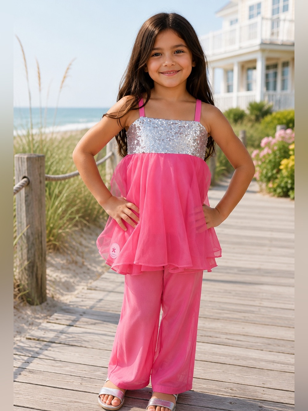 Binx‎ Kids Girls Top Size 4T Hot Pink Silver Sequined Bodice Tie NEW